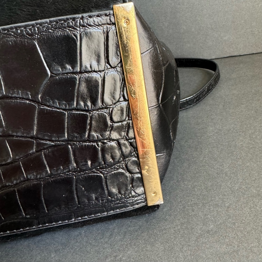 Michael Kors Lana Black Purse Calf Hair Croc Embossed Leather Bag Top Handle - Picture 14 of 16